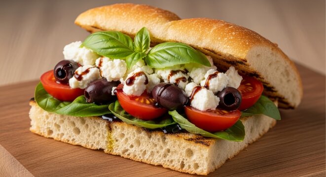Gourmet Mediterranean sandwich on toasted focaccia bread with crumbled feta cheese, dark olives, fresh basil, and ripe cherry tomatoes, healthy, salad, culinary