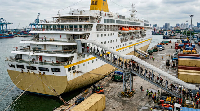 Massive white passenger ship docked at busy concrete port with gangway