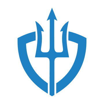 Blue Trident Spear Icon Inside a Protective Shield Shape Symbol for Security and Marine Themes