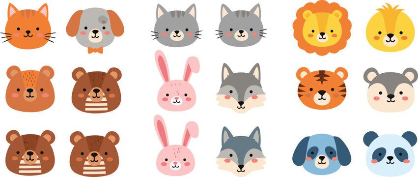 Cute animal faces collection set featuring cat dog lion tiger panda rabbit and bear, cartoon vector illustration for kids, nursery and mascot design projects