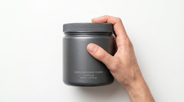 Hand holding a gray container of flavorless generic supplement powder net wt 2 lb 907g for fitness and health 2026 trend sport championship tournament