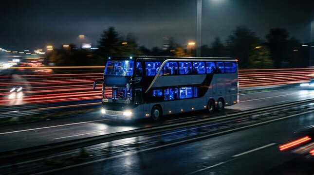 Sleek double decker intercity coach bus speeding on dark highway at night