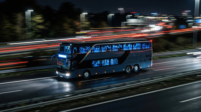 Sleek double decker intercity coach bus speeding on dark highway at night