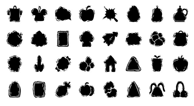 Black icons of various household items.