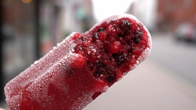 Extreme close-up of a frosty red berry fruit popsicle held outdoors. macro view of frozen dessert with visible berry chunks and ice crystals, perfect for a summer treat.