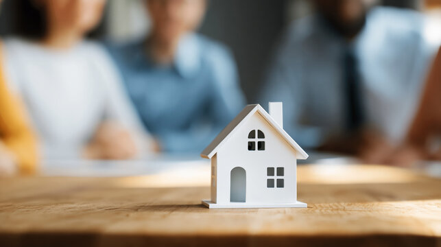 Real estate house property investment mortgage concept on wooden table with miniature home model focus and blurred people discussion background