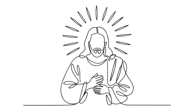 One continuous line illustration of an jesus christ , isolated on white background.