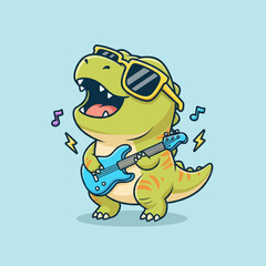 Cute TRex Dinosaur Rock Star Playing Electric Guitar. © Arviz