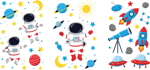 Cute astronaut and outer space vector set featuring hand drawn rockets, planets, stars, sun, telescope and UFO characters for nursery decor and children stickers © Bokul