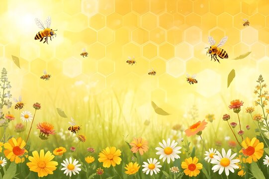 Worldbeeday kawaii floral nature busy honeybee pollinators gather honey for beekeeping, featuring a vibrant honeycomb