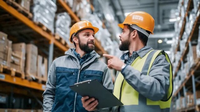 Warehouse discussion: Two construction workers, engaged in an animated discussion amidst a bustling warehouse setting, their focus directed towards a document.