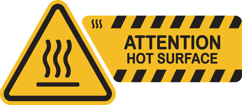 Hot surface hazard warning sign, yellow triangular danger icon, steam symbol, safety caution vector illustration