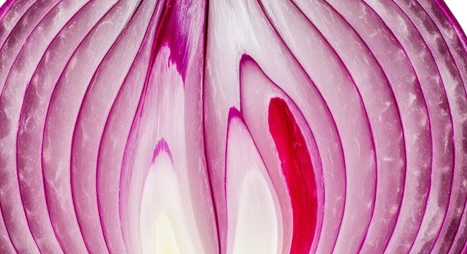 Extreme close up of sliced red onion showing translucent layers with vibrant purple and crimson patterns, natural organic curves and texture, translucent, nutrition, fresh