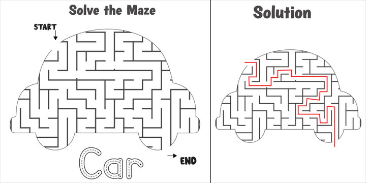 Car Shaped Labyrinth Puzzle brain game abstract Vehicle transport maze with Solution for kids and adults. fun logic Education vector worksheet  illustration isolated on white background