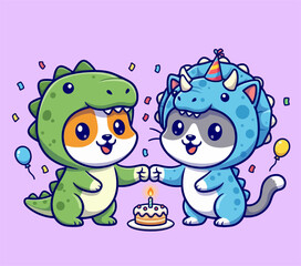 Two adorable cartoon cats in dinosaur costumes celebrating a birthday with cake and balloons. © Arviz