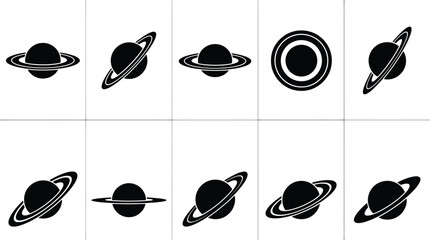 Collection of Saturn planet icons in various angles and perspectives on a white background symbol space © Kosain