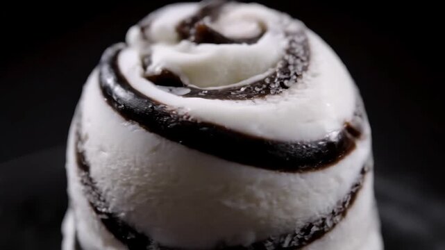 Close-up macro shot of creamy vanilla ice cream scoop swirled with dark chocolate fudge or cookie crumbs on a black background, highlighting rich texture and indulgence