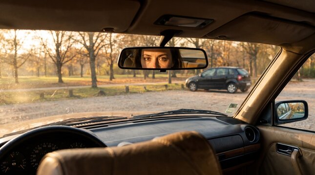 Through the car windshield, a woman's intense gaze is reflected in the rearview mirror, set against an autumn park backdrop.