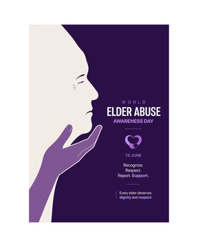 Creative World Elder Abuse Awareness Day vector illustration featuring protective hand gesture and senior support awareness theme in purple minimal design. Ideal for healthcare campaigns.