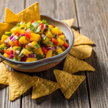 Colorful chunky mango salsa in a ceramic bowl surrounded by salty triangular corn chips on a rustic wooden table top, bright summer light, cilantro, vegetarian, colorful