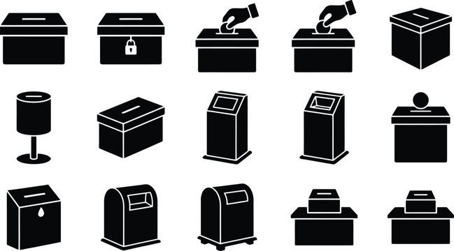 Diverse Black And White Icons Representing Collection Boxes And Bins container receptacle