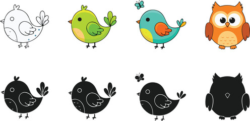 Obraz premium Cute bird and owl vector collection featuring hand drawn colorful characters, black silhouettes, and line art for nursery decor, children's activities, and sticker designs