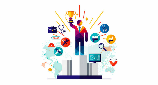 Abstract businessman holding a trophy on a podium. Geometric illustration with professional icons for various careers. Success and achievement concept for business and leadership marketing.