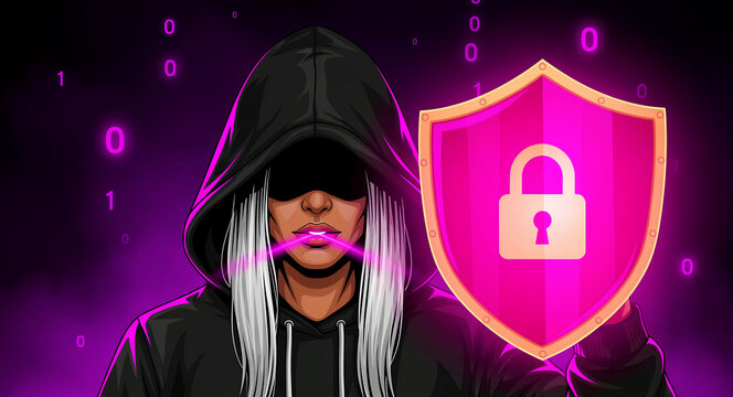 Female hacker in a hoodie holding a glowing security shield. Cyber defense art with purple binary code and digital protection themes. Data privacy concept for cybersecurity marketing.