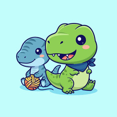 Obraz premium Cute Cartoon Dinosaurs Playing with Yarn Ball.