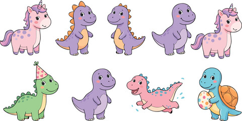 Cute Kawaii Baby Dinosaur and Unicorn Illustration Set for Kids Nursery Decor and Birthday Party Stickers © MdMojnu