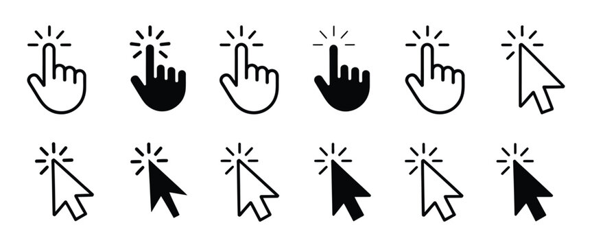 Set of hand cursor icons click and cursor icons set, modern arrow pointer selecting finger and link indicator symbols for digital navigation web interaction and user interface control 