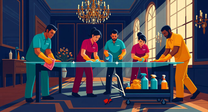 Professional cleaning crew wiping a large glass table in a luxury room. Team of janitors in uniforms performing maintenance in an upscale interior. Ideal for commercial cleaning services.
