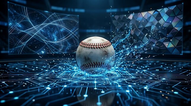 Baseball ball centered on a glowing digital circuit board with blue light particles and abstract data screens