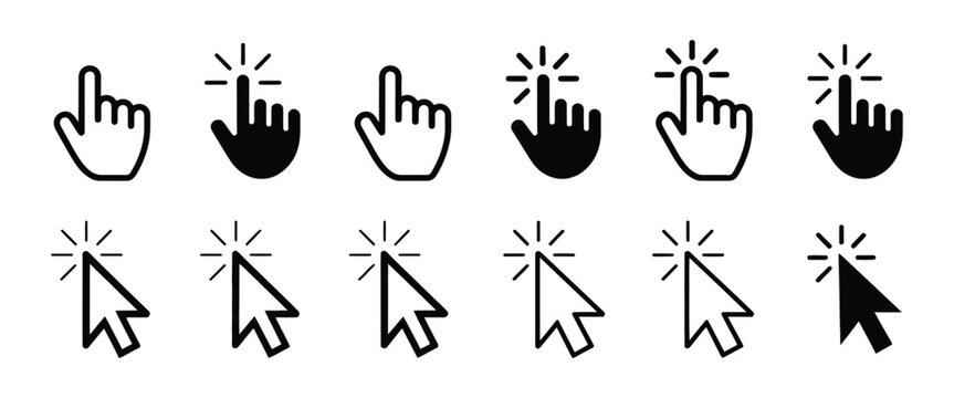 Set of hand cursor icons click and cursor icons set, minimal vector pictogram pack featuring cursor arrows tapping hands and link selection icons for navigation usability interface and online interact