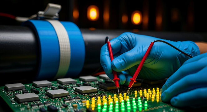 Hands in blue gloves using multimeter probes to test a green electronic circuit board. Technician performing hardware diagnostics and quality control. Ideal for electronics engineering marketing.