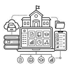 Fototapeta premium Online Learning and Digital Education Resources Connected to a School Building and Various Devices