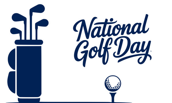 National Golf Day classic design featuring a navy blue golf bag with clubs and a golf ball on a tee alongside elegant cursive script typography &mdash; sports holiday poster on white background
