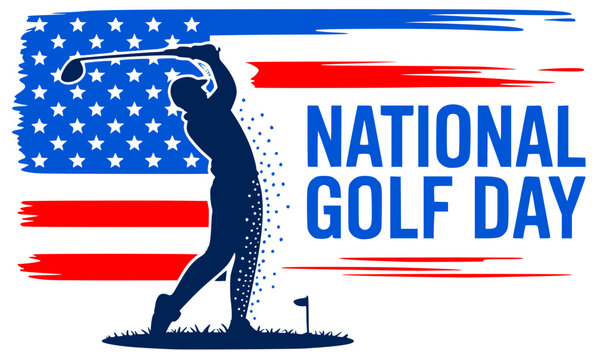 National Golf Day patriotic banner featuring a golfer mid-swing silhouette against an American flag background with bold typography &mdash; USA sports holiday poster design in red, white, and blue
