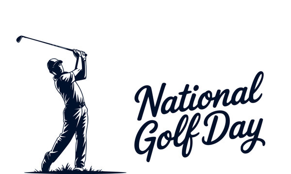 National Golf Day vintage engraving style illustration of a golfer in full swing follow-through with elegant cursive script typography &mdash; classic sports holiday design on white background