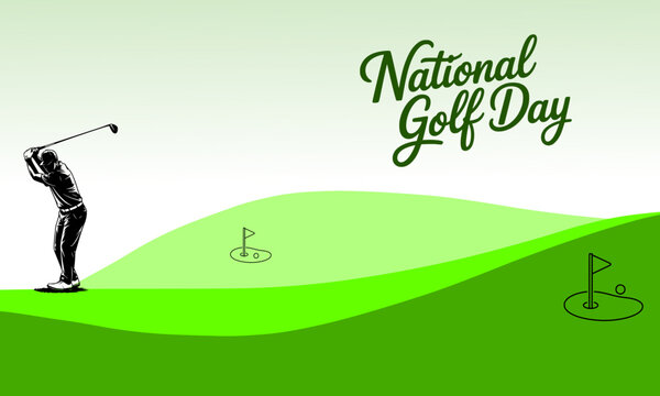 National Golf Day scenic design featuring a golfer silhouette mid-swing on a lush green rolling golf course with flag holes and elegant cursive script typography on soft background