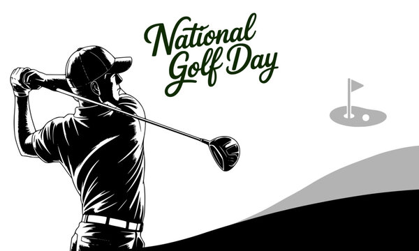 National Golf Day silhouette of a golfer mid-swing with elegant script typography and golf hole flag in the background &mdash; sports holiday banner design in black and white