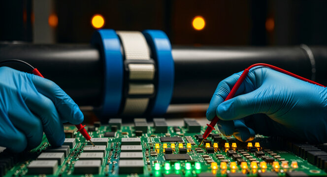 Technician in blue gloves testing a circuit board with multimeter probes. Professional repairing electronic hardware in a laboratory. Engineering concept for technology manufacturing marketing.