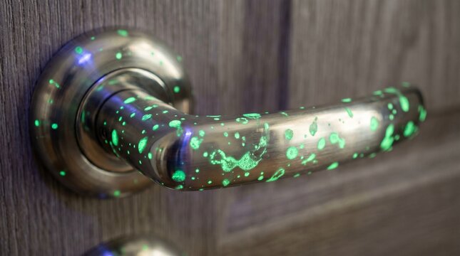 Modern door handle with green glowing bacteria pattern under ultraviolet light