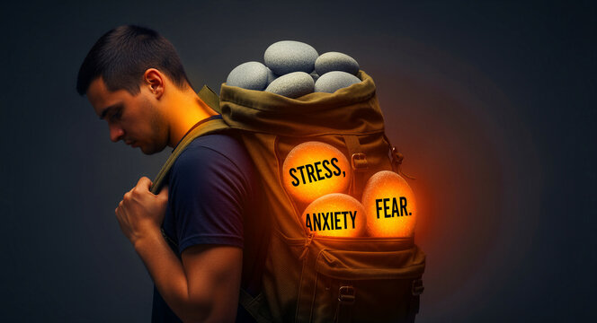 Sad man carrying a heavy backpack with stones representing stress and anxiety. The glowing rocks symbolize emotional weight. Mental health burden concept for therapy and wellness marketing.