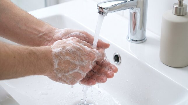 Hands lathering with soap under bathroom faucet