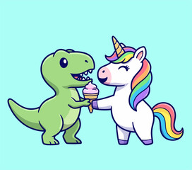 Cute Dinosaur and Unicorn Sharing Ice Cream. © Arviz