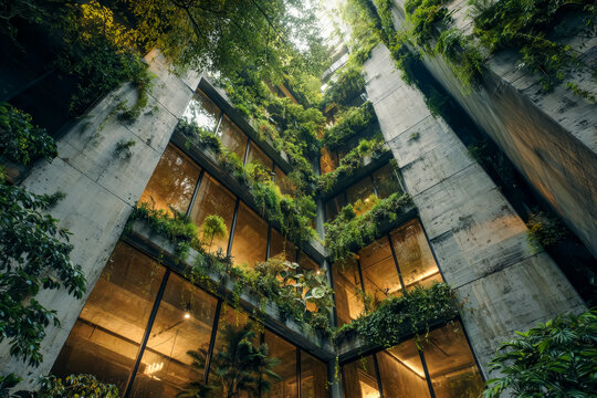 Dramatic architectural view of a modern brutalist concrete structure surrounded by lush vertical gardens and greenery, showcasing a blend of nature and technology in an urban setting