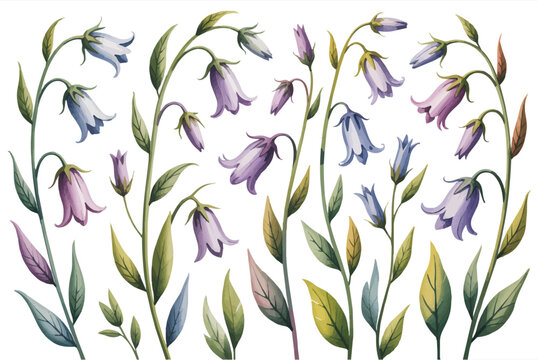Watercolor A Harebell Stem flower pattern vector illustration isolated on white background