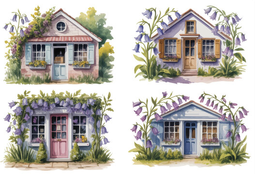 set of Watercolor  Harebell Stem flower shop decoration vector illustration isolated on white background