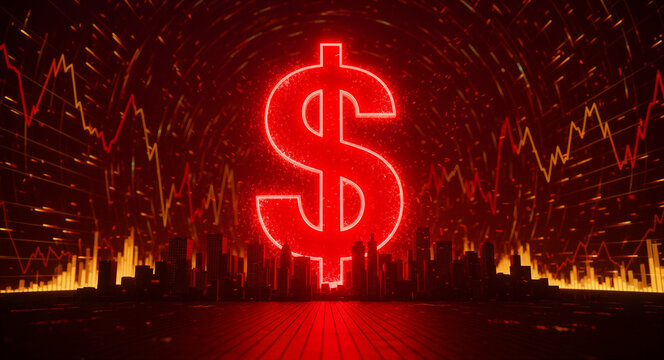 Glowing red dollar sign looming over a dark digital city silhouette. Background features volatile stock market charts and fiery data trails. Financial crisis and economic downfall concept.
